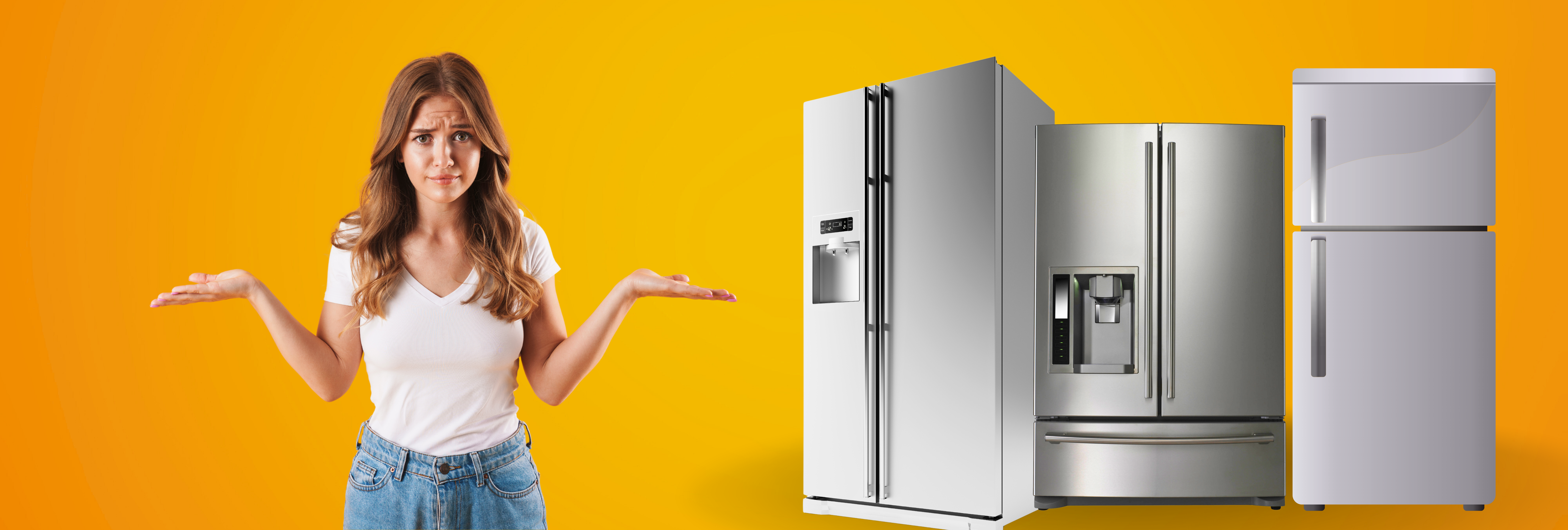 girl confuse to choosing refrigerator